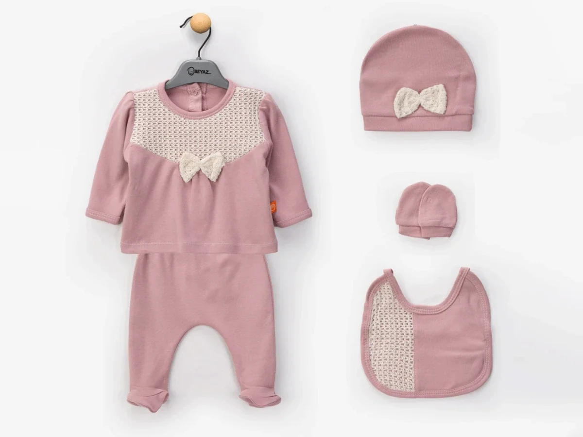 Dusty Rose Knit Baby Set with Bow Appliqué - 6 Piece - Beyaz Bebek - by Peralane