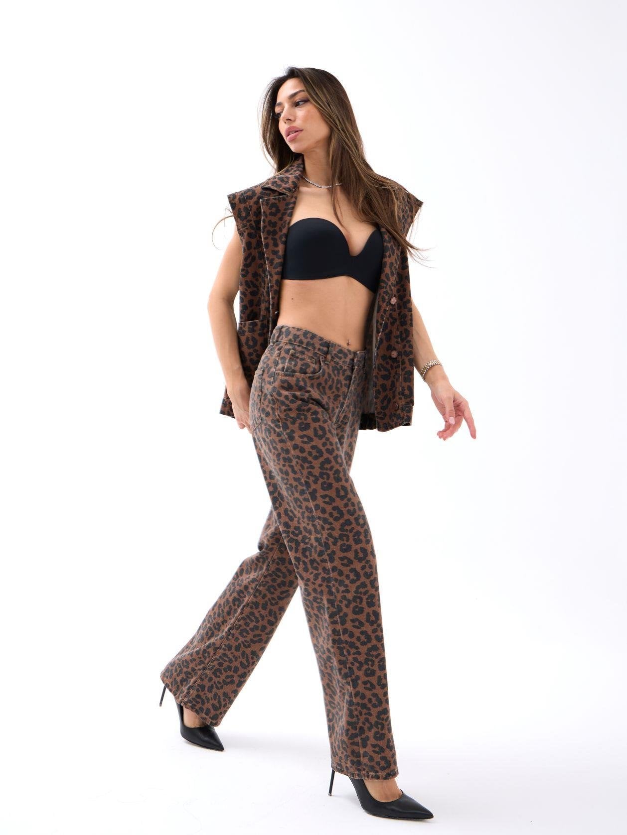 Women's Denim Vest and Wide-Leg Trousers Set with Leopard Print - Fame - by Peralane - photo 4