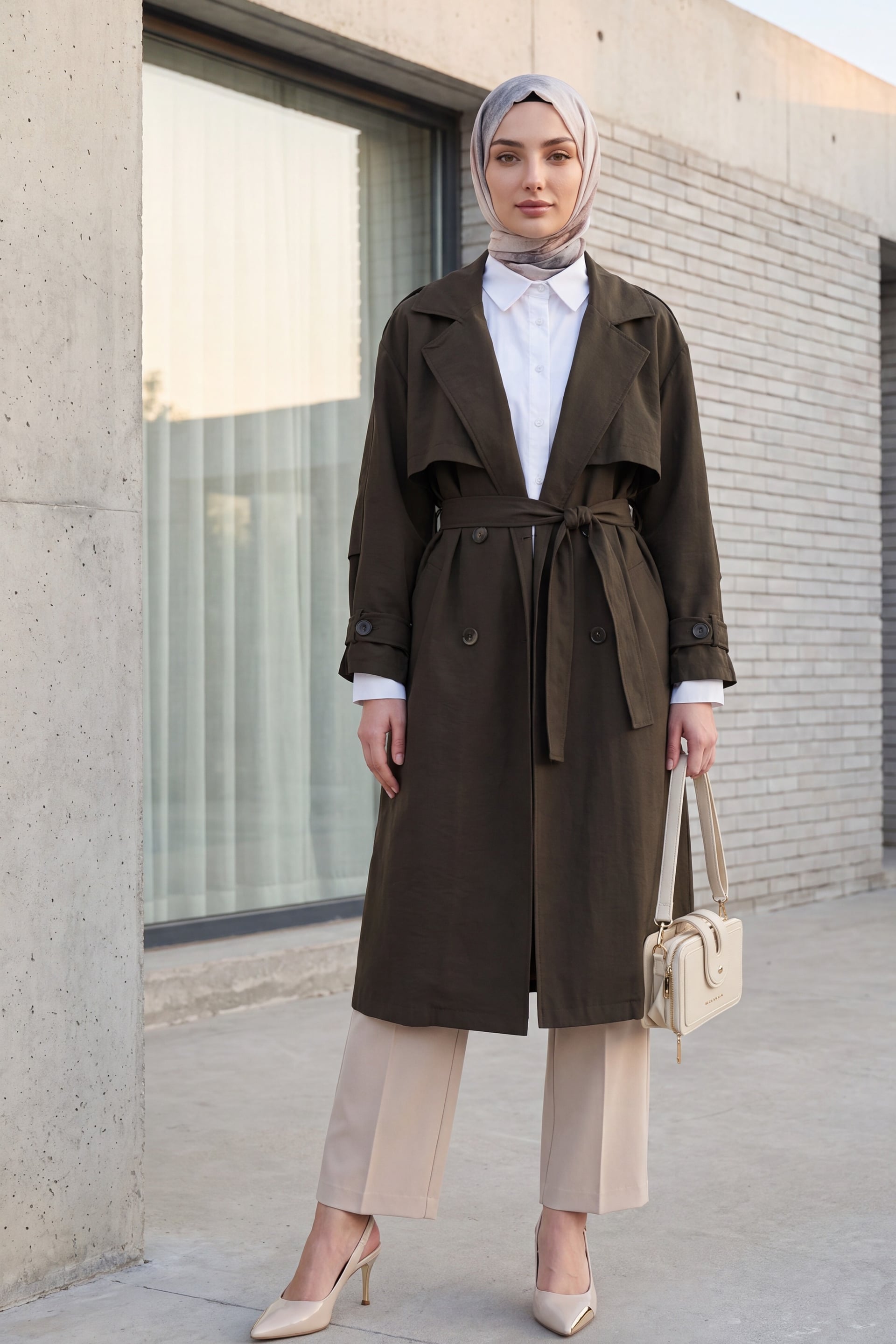 Pes Fabric Trench Coat with Belt, Pockets, Epaulettes and Bolero Detail - Dark Brown - Podyumplus - by Peralane - photo 3