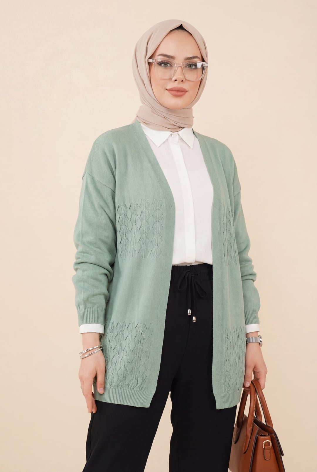 Mint Open-Front Knit Cardigan with Diamond Pattern - Podyumplus - by Peralane - photo 4