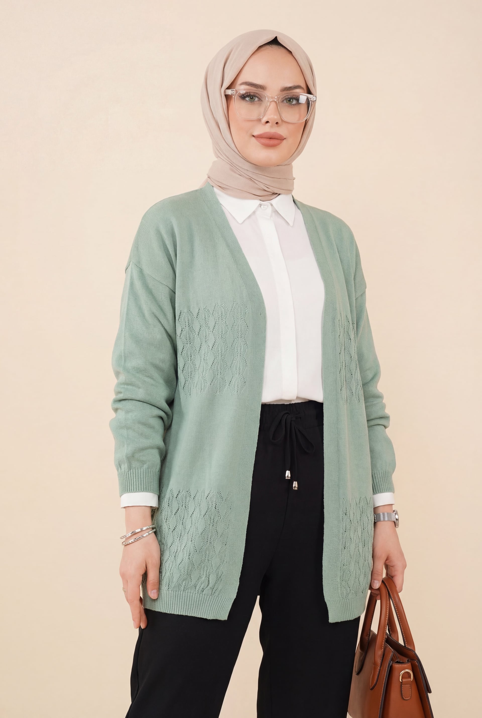 Mint Open-Front Knit Cardigan with Diamond Pattern - Podyumplus - by Peralane - photo 4