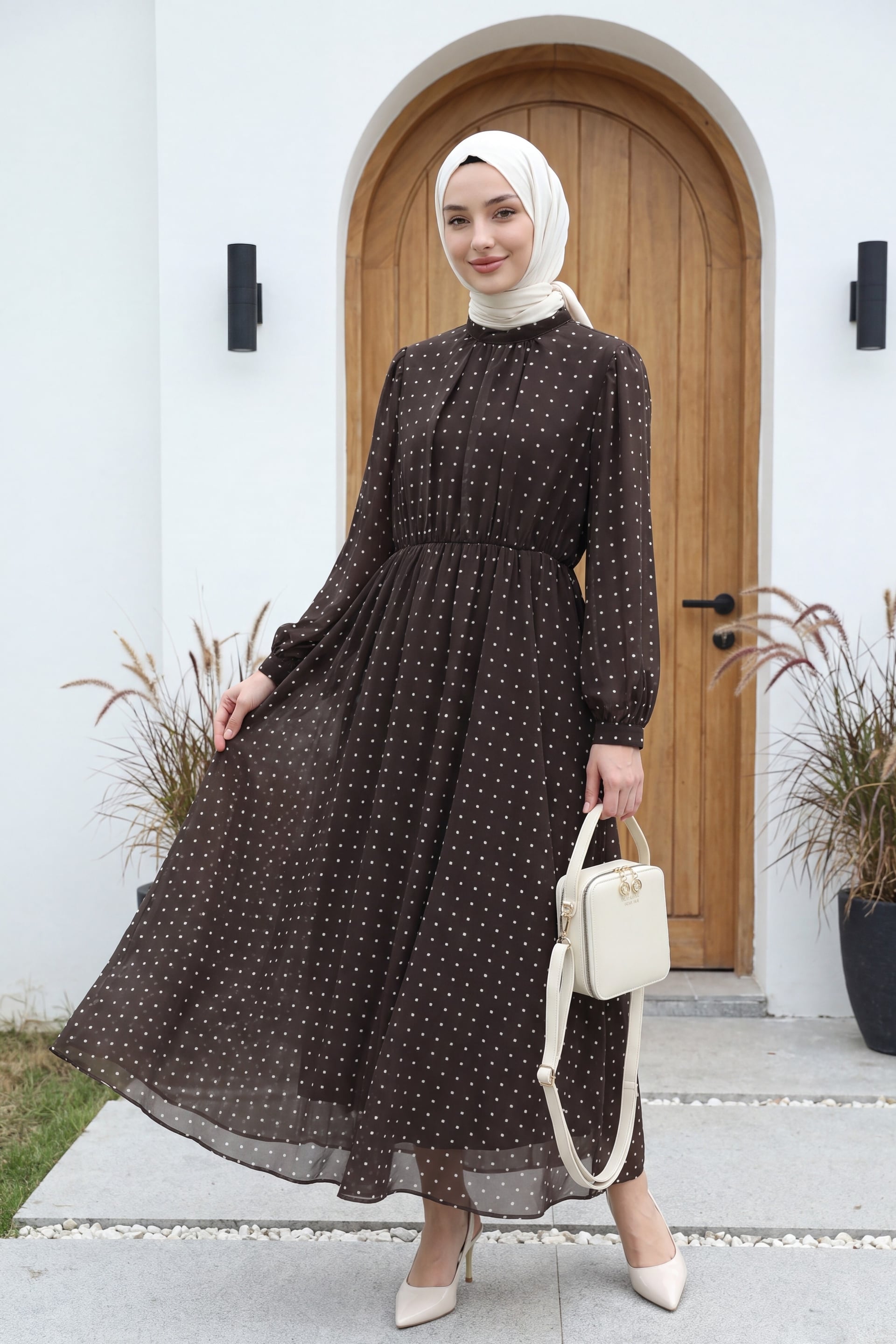 Lined Elastic Waist Polka Dot Long Chiffon Dress - Brown - Podyumplus - by Peralane - photo 2