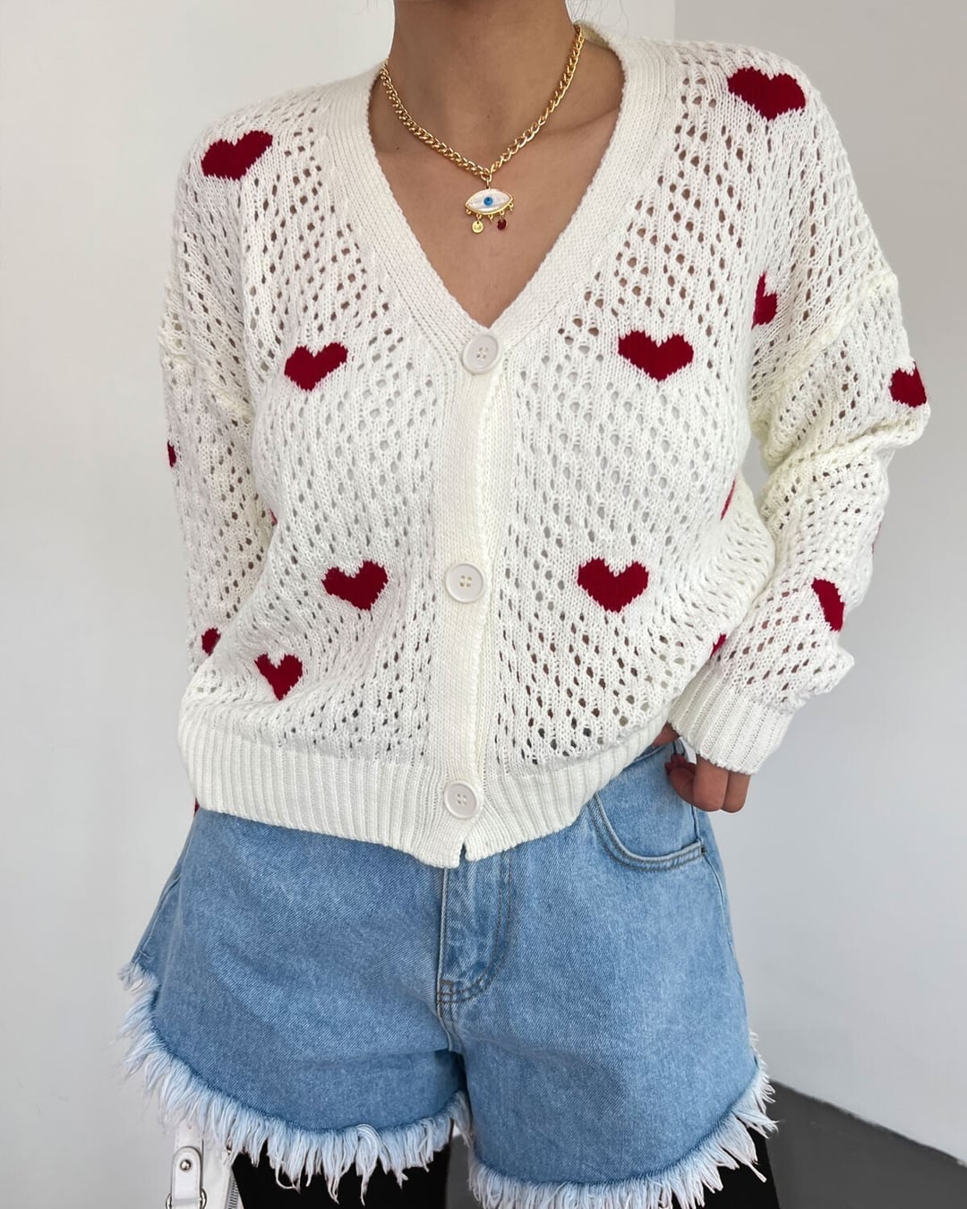 Heart Pattern Buttoned Lace Knit Cardigan - Ecru - Podyumplus - by Peralane - photo 3