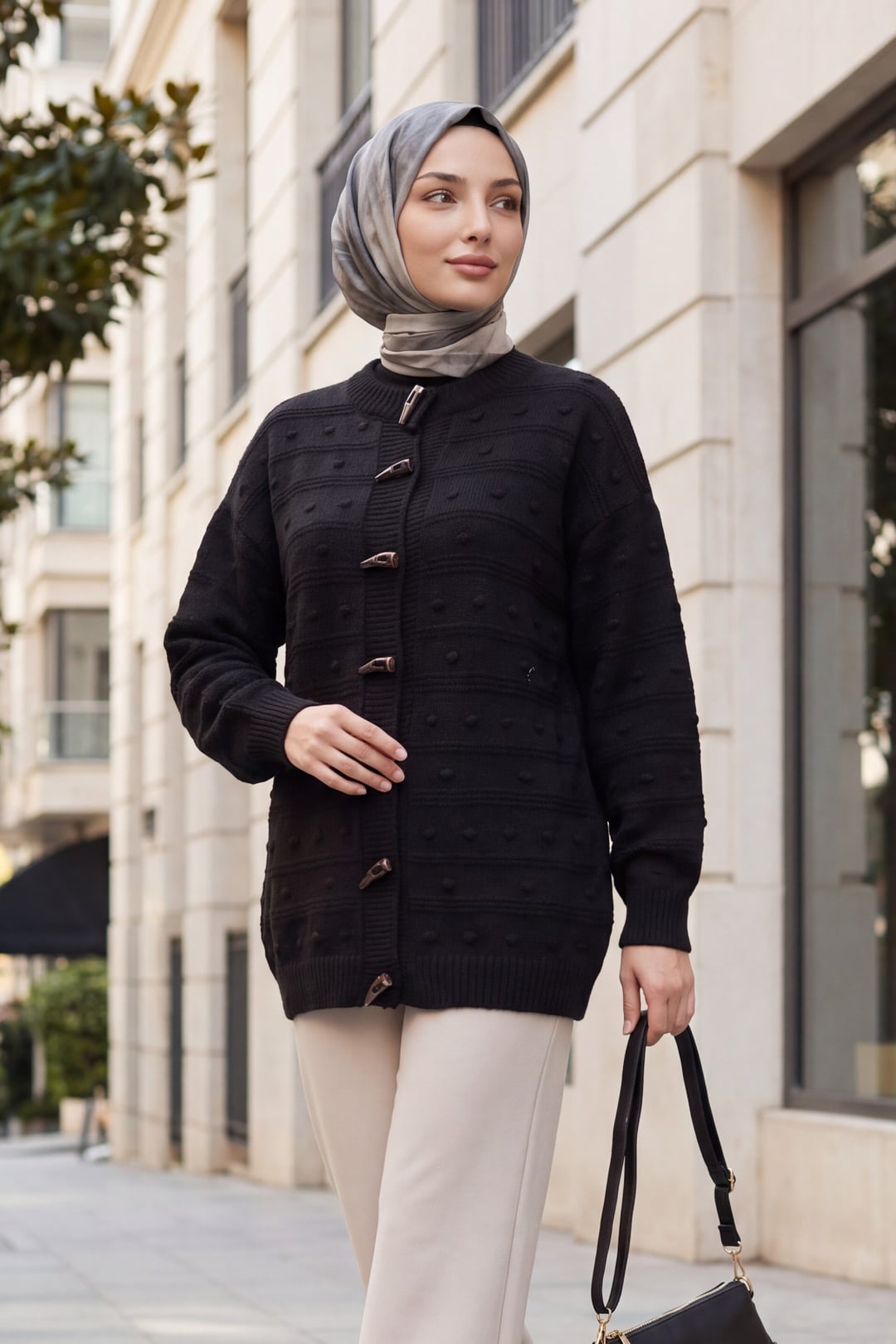 Black Toggle Button Knit Cardigan with Textured Pattern - Podyumplus - by Peralane - photo 2