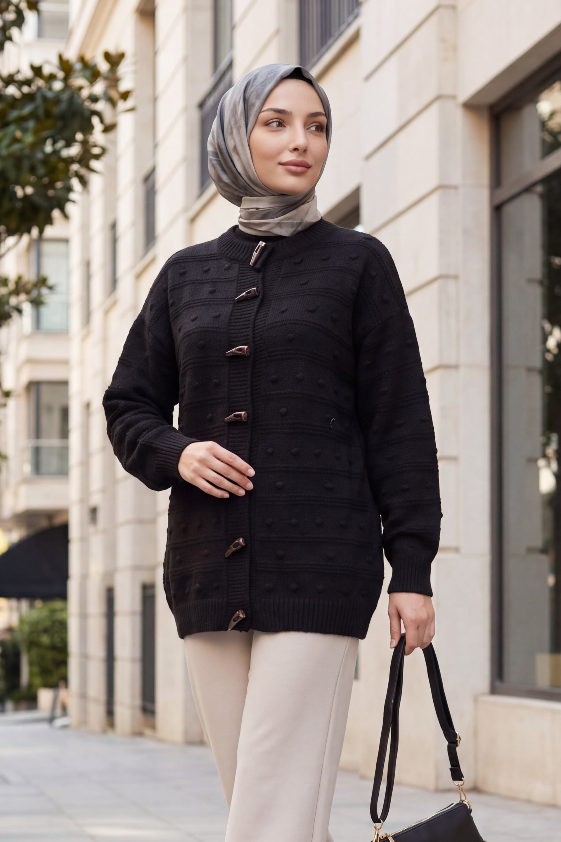 Black Toggle Button Knit Cardigan with Textured Pattern - Podyumplus - by Peralane - photo 2