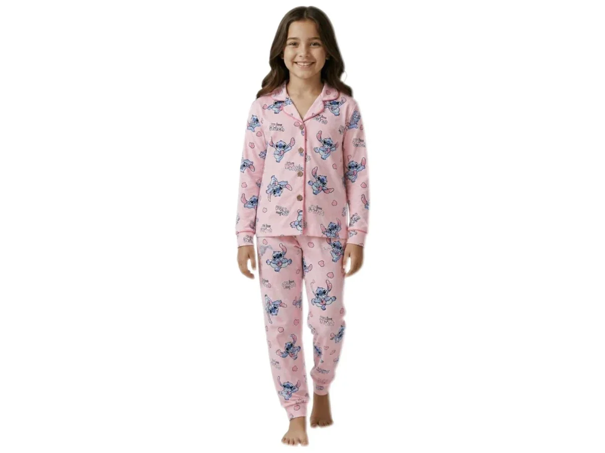 Stitch Patterned Girls' Pyjama Set - Pink - Supermini - by Peralane