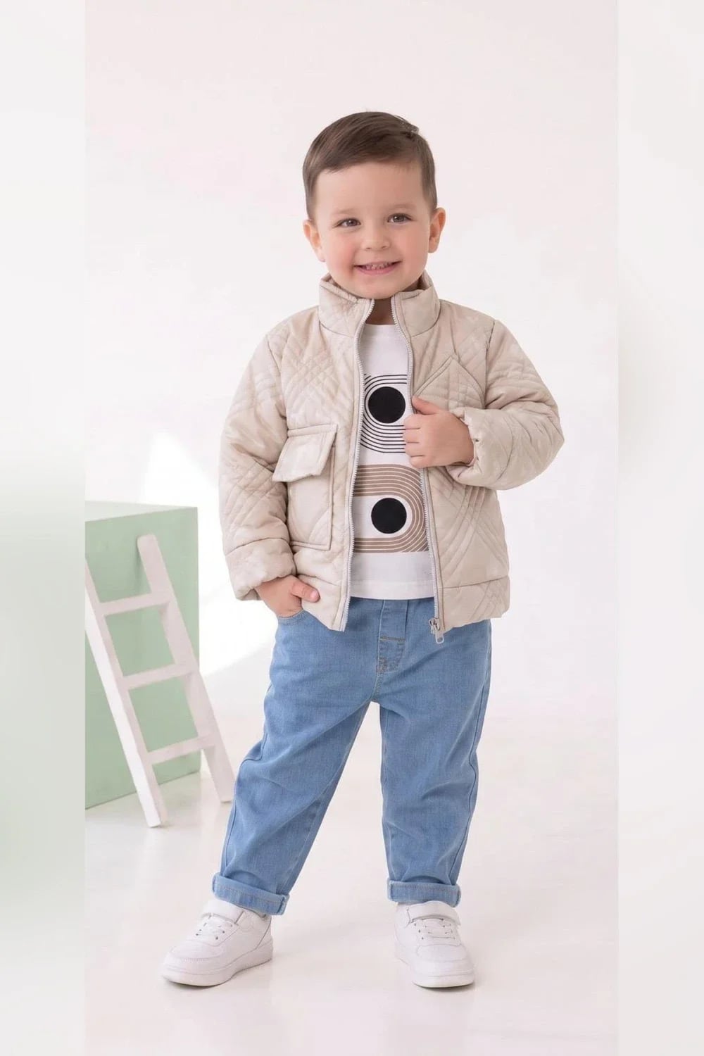 Boys' Quilted Jacket and T-Shirt Set - Cream - Has Bereket - by Peralane