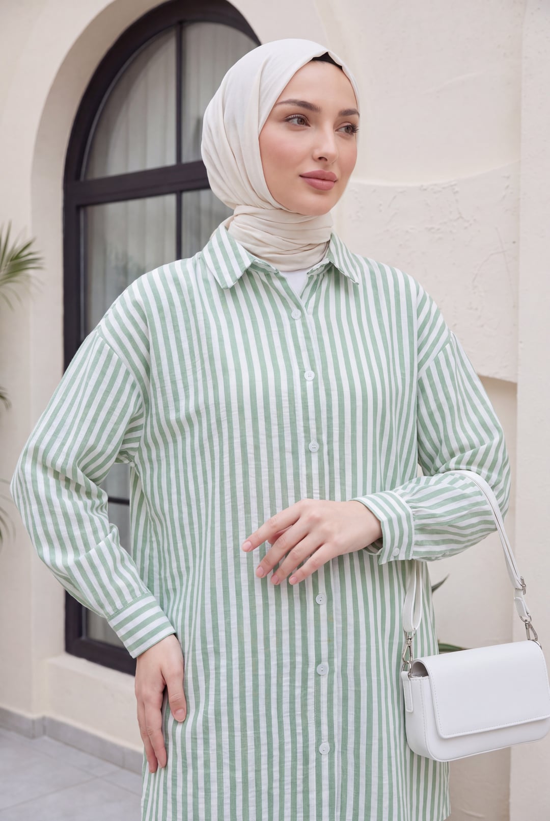 Striped Linen Look Tunic and Trousers Set - Green - Podyumplus - by Peralane - photo 4