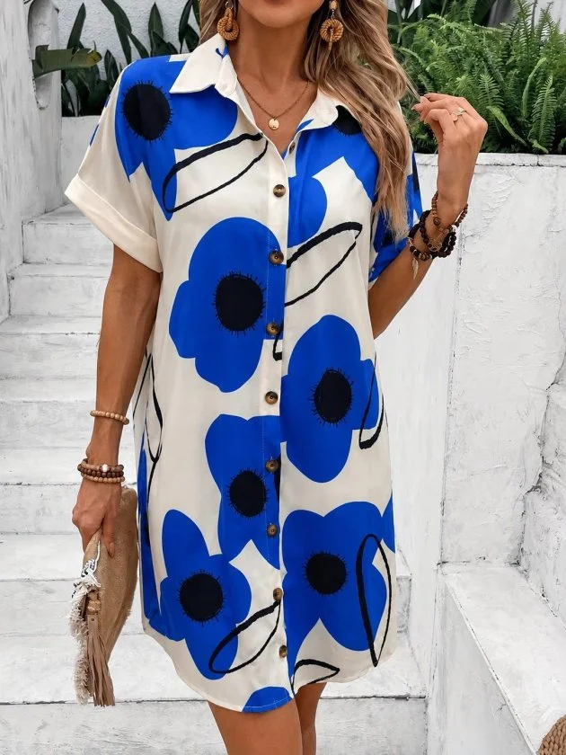 Women's Short-Sleeve Collared Floral Print Shirt Dress - Janes - by Peralane - photo 2