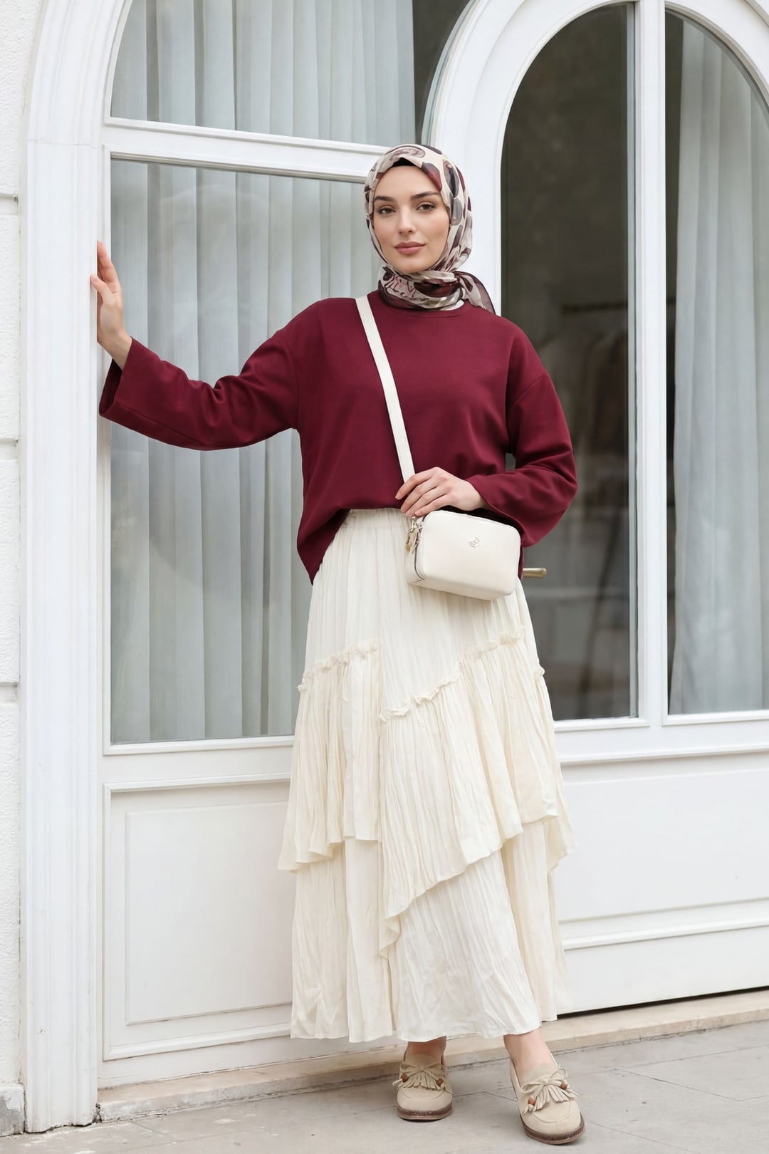 Round Neck Relaxed Jersey Blouse - Burgundy - Podyumplus - by Peralane - photo 3