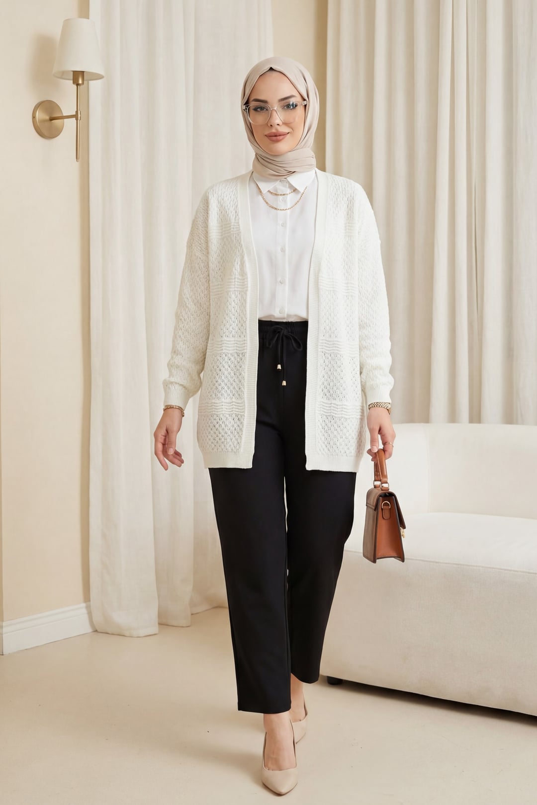 Openwork Wave Pattern Knit Cardigan - Ecru - Podyumplus - by Peralane - photo 2
