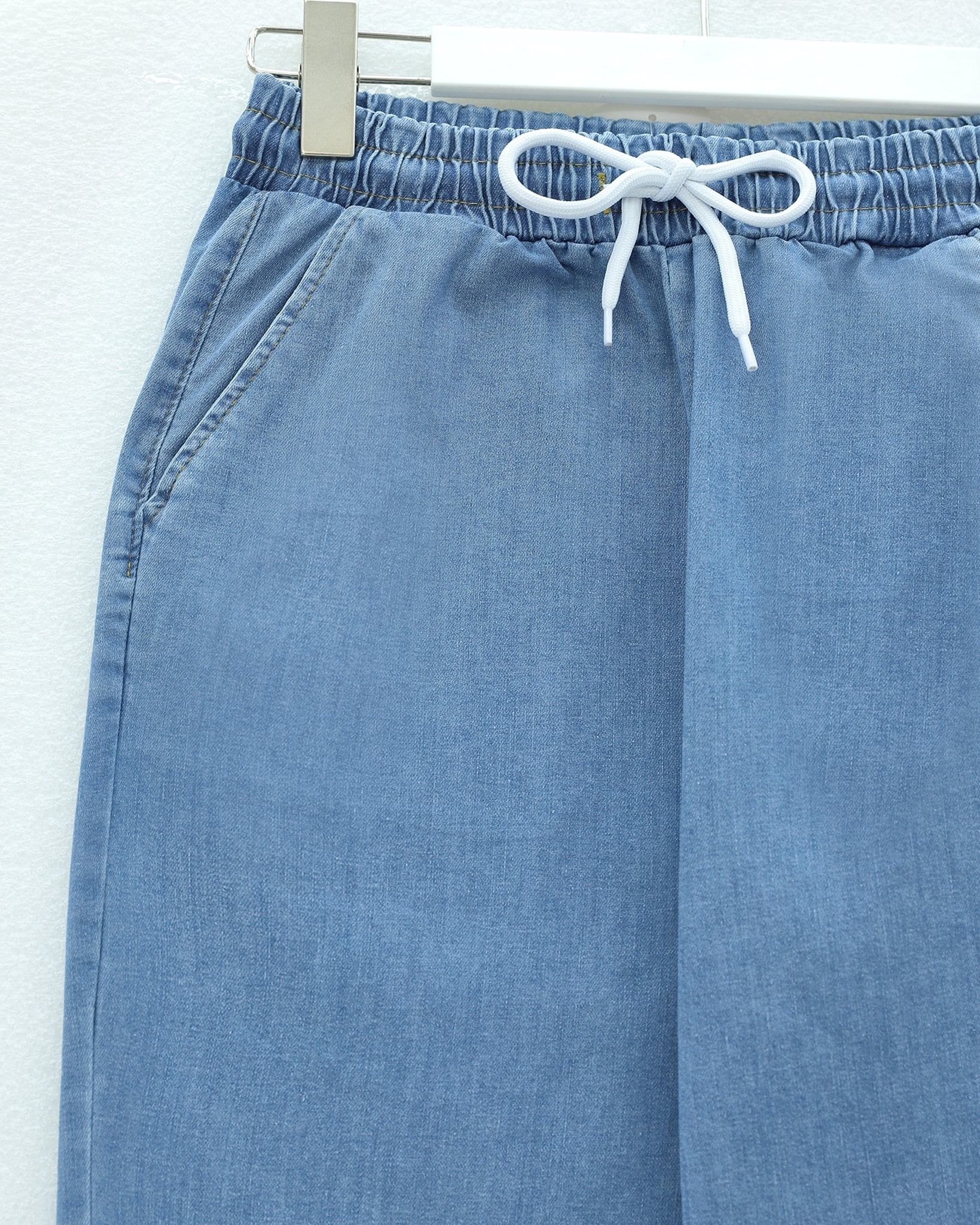 Women's Light Blue Flared Denim Trousers with Drawstring Waist and Pockets - Podyumplus - by Peralane - photo 10