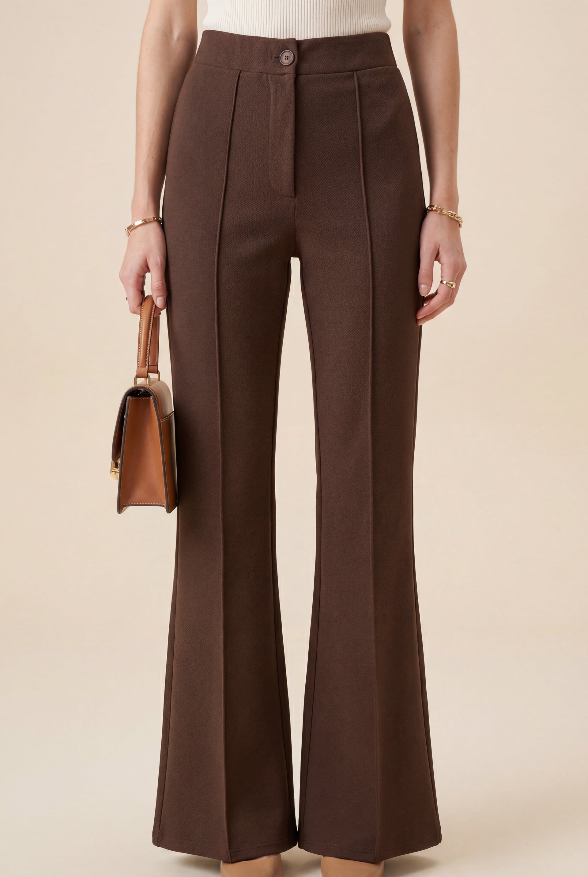 Buttoned Elastic Waist Lycra Palazzo Trousers - Dark Brown - Podyumplus - by Peralane - photo 2