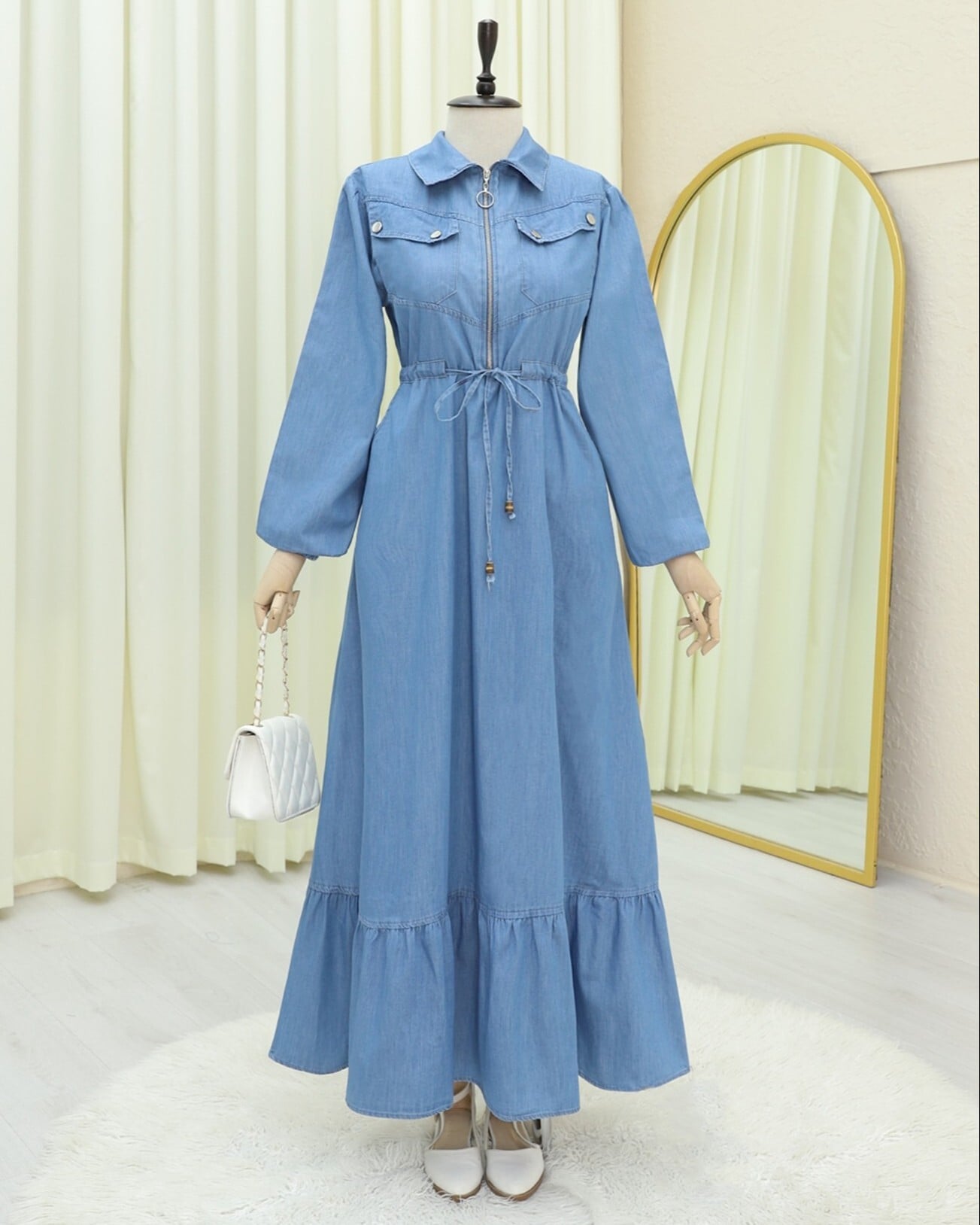 Tunnel Drawstring Half-Zip Pocket Denim Dress - Blue - Podyumplus - by Peralane - photo 6