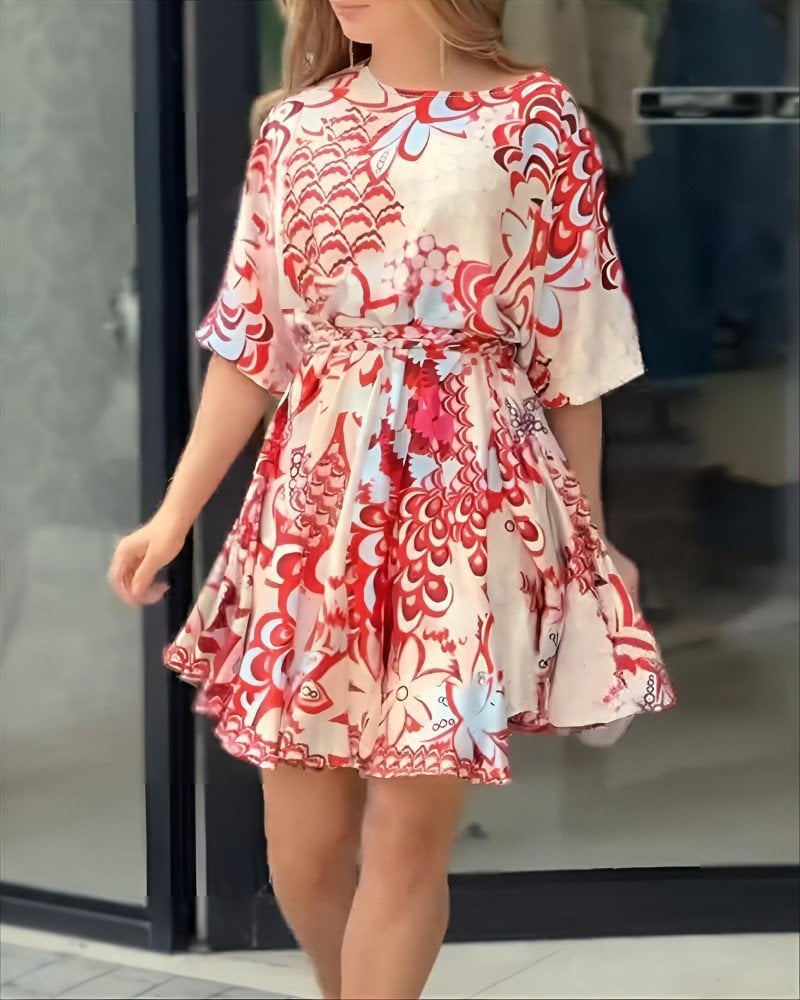 Women's Short Balloon Sleeve Round Neck Pleated Patterned Mini Dress - Janes - by Peralane - photo 8