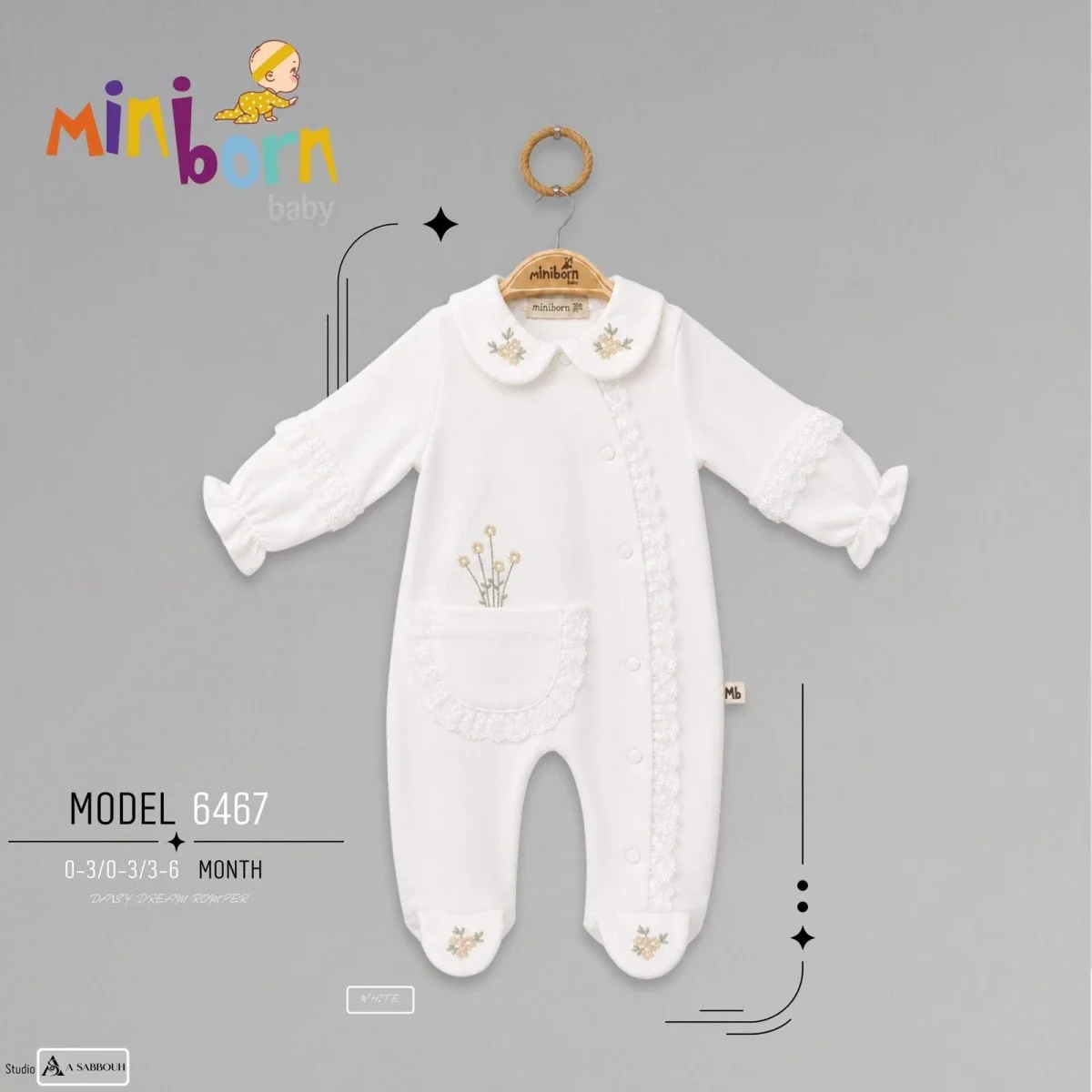 Baby Romper with Floral Embroidery and Lace Trim - Miniborn - by Peralane