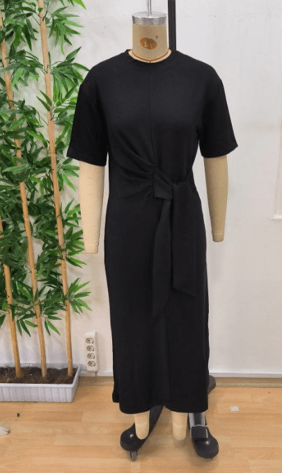 Women's Black Short-Sleeve Viscose Two-Thread Knot Waist Midi Dress - Janes - by Peralane - photo 6