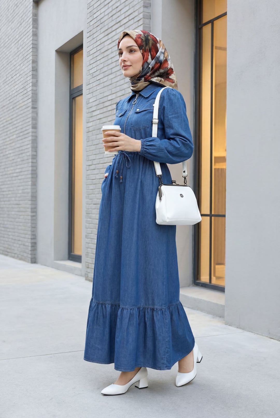 Tunnel Drawstring Half-Zip Pocket Denim Dress - Indigo - Podyumplus - by Peralane - photo 3