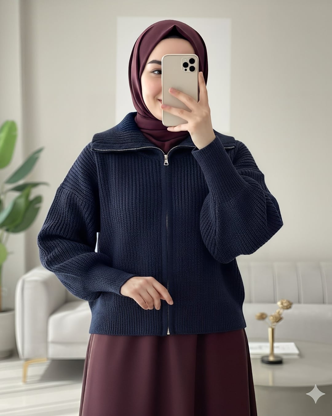 Half Collar Zip-Up Knit Cardigan - Navy - Podyumplus - by Peralane - photo 4