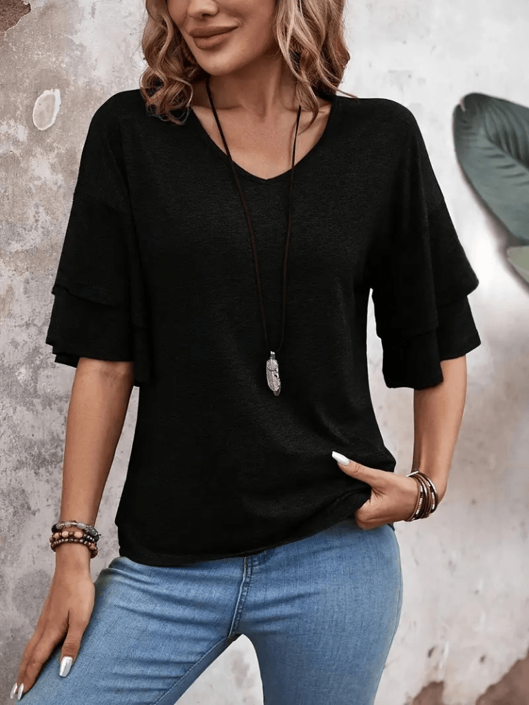 Women's Black V-Neck Short-Sleeve Flutter Sleeve T-Shirt - Janes - by Peralane - photo 2
