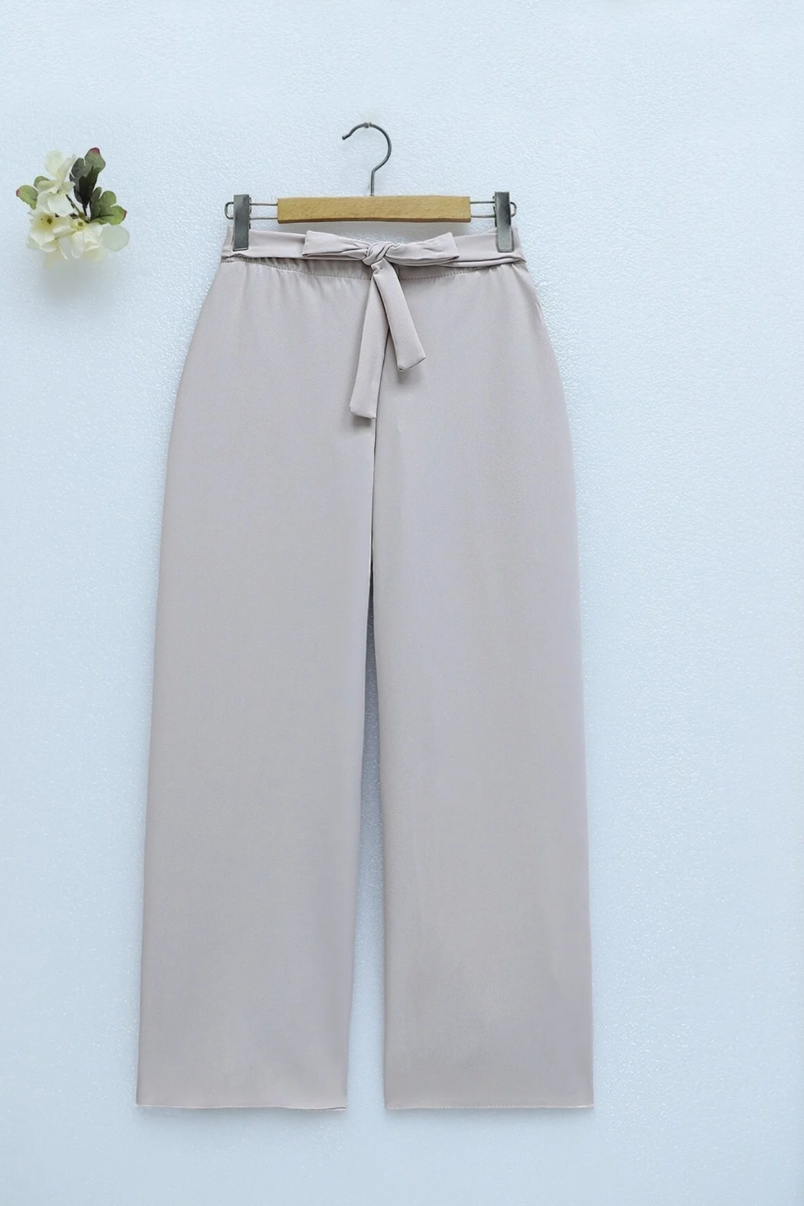 Beige Double-Fabric High-Waist Wide-Leg Trousers with Self-Tie Belt - Podyumplus - by Peralane - photo 4