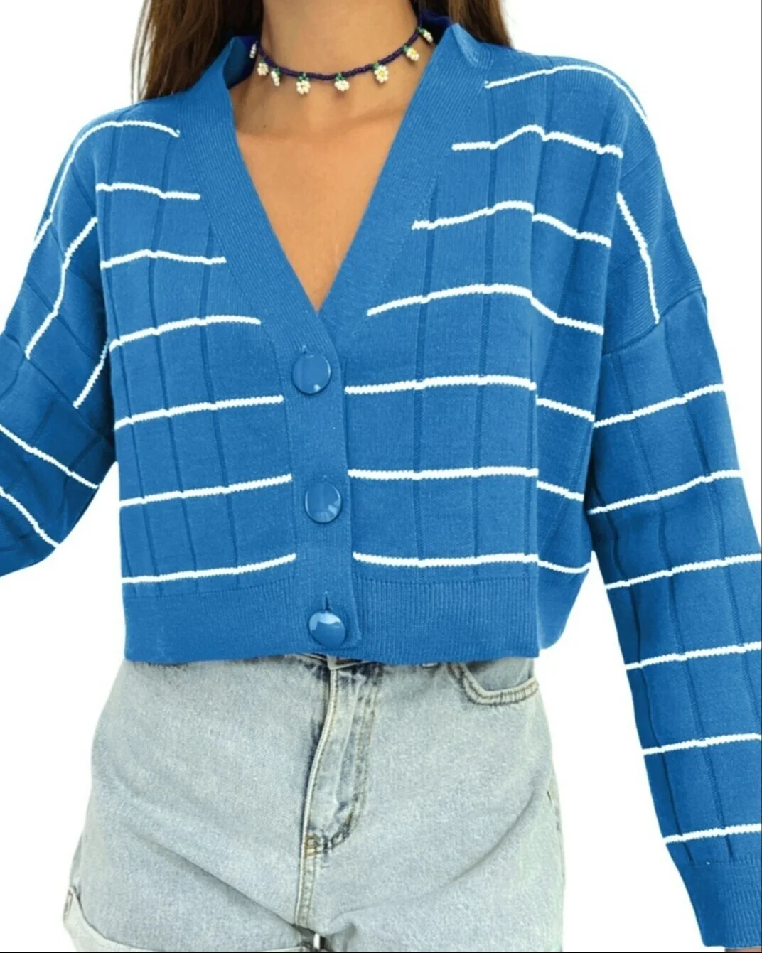 Blue Striped Knit Cardigan with Buttons - Podyumplus - by Peralane - photo 4