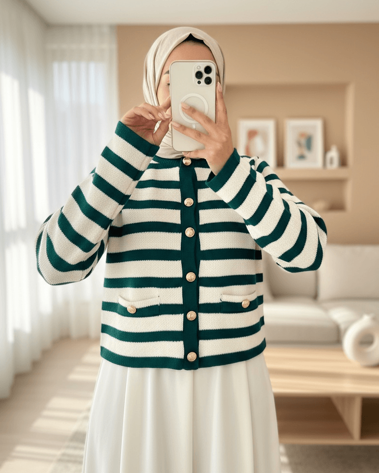 Striped Patch Pocket Cardigan - Emerald - Podyumplus - by Peralane
