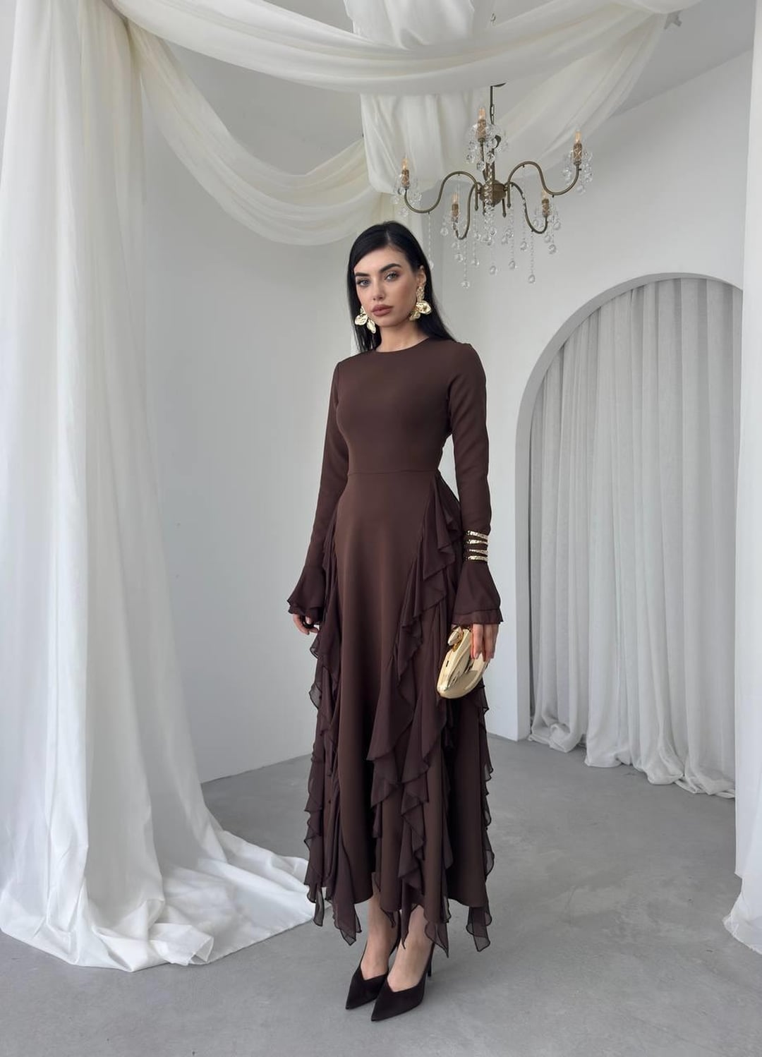 Ruffled Brown Satin Dress with Long Sleeves - Etika - by Peralane - photo 7