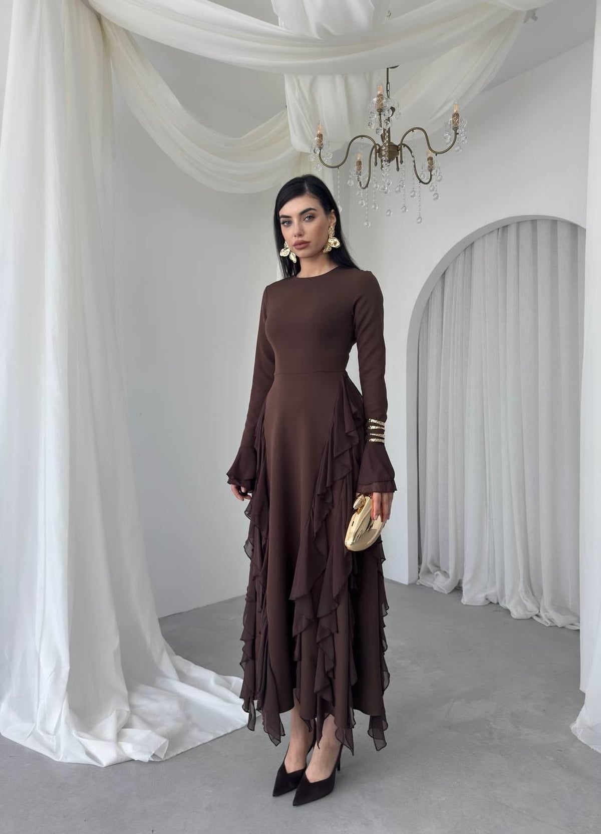 Ruffled Brown Satin Dress with Long Sleeves - Etika - by Peralane - photo 7