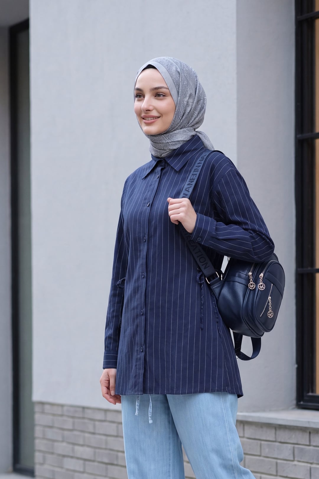 Side Drawstring Striped Buttoned Modal Tunic - Navy Blue - Podyumplus - by Peralane