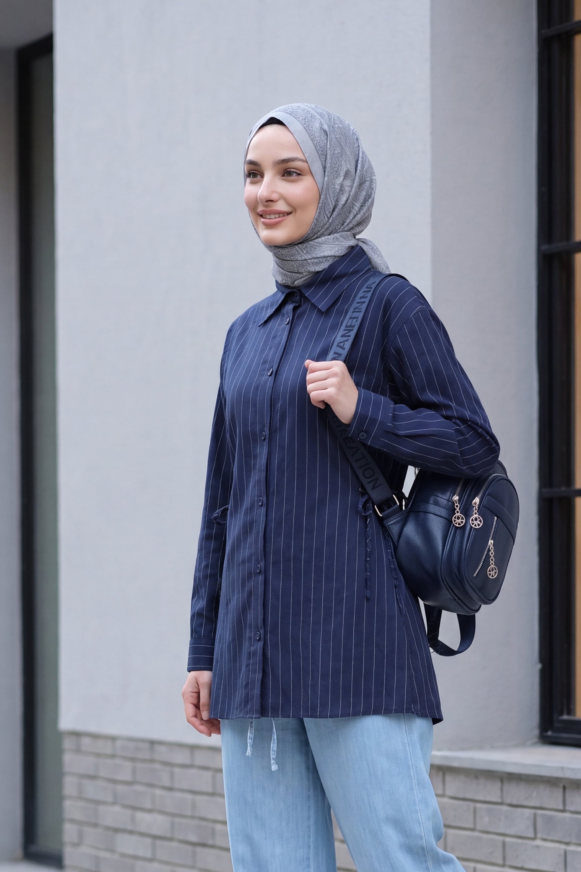 Side Drawstring Striped Buttoned Modal Tunic - Navy Blue - Podyumplus - by Peralane