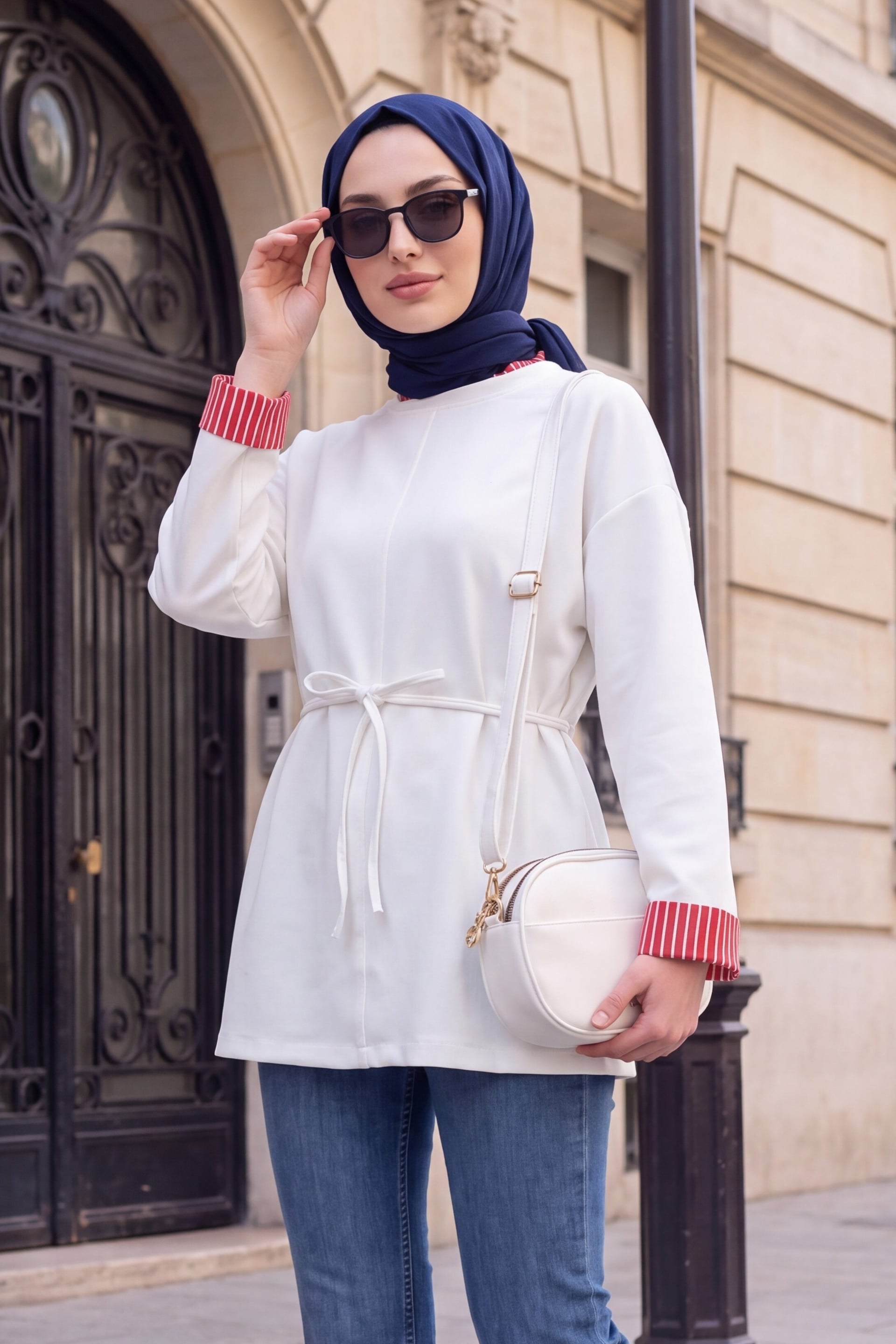 White Slit Neck Tie Waist Knit Sweatshirt Tunic - Podyumplus - by Peralane - photo 2