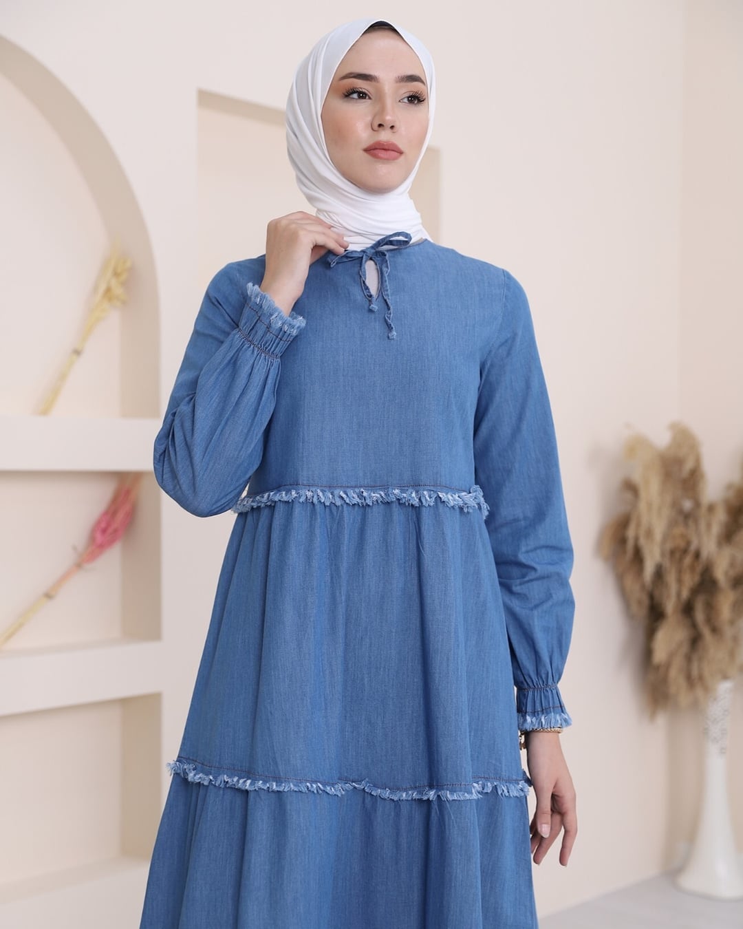 Three-Tier Washed Denim Dress - Blue - Podyumplus - by Peralane - photo 3