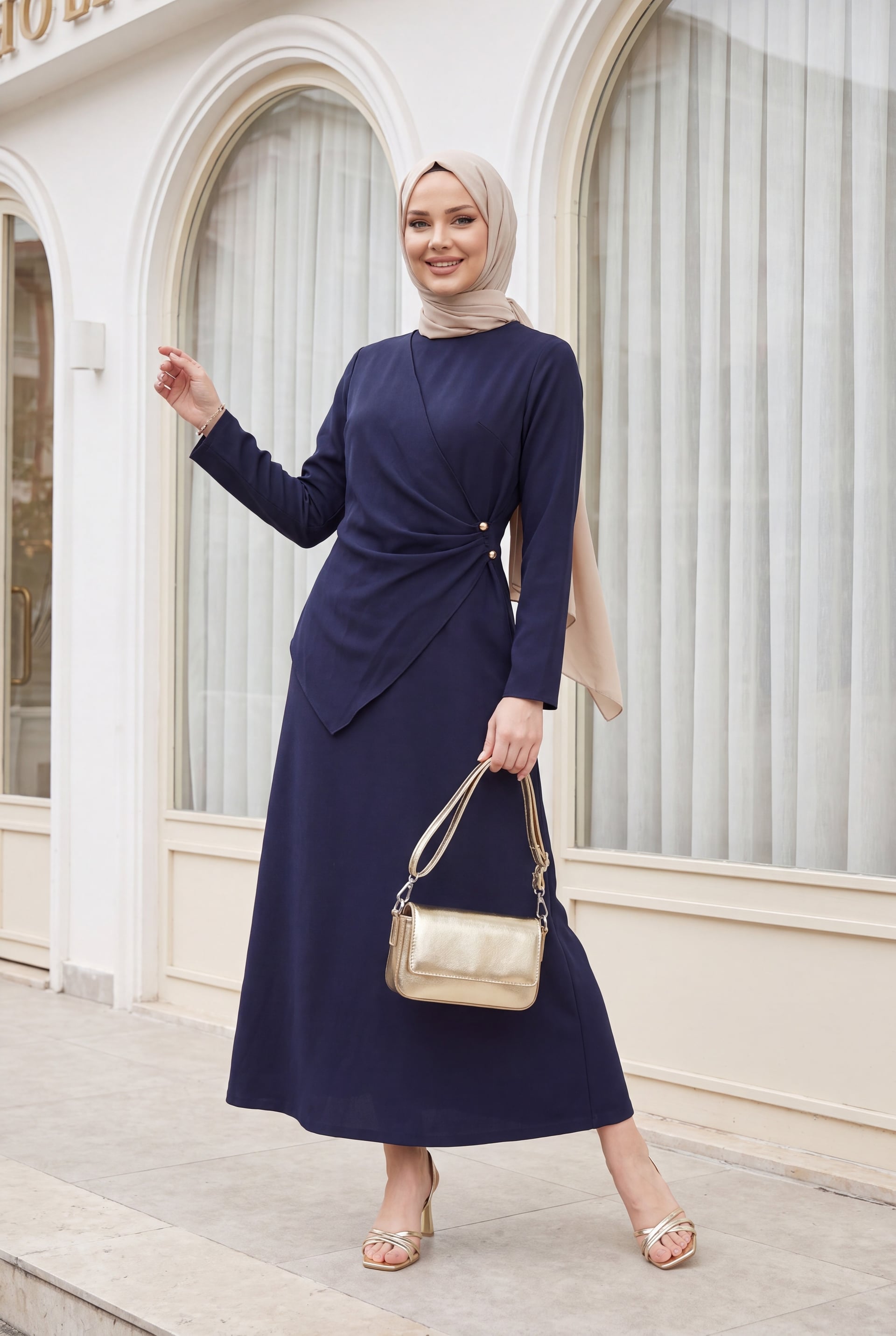 Navy Blue Faux Wrap Midi Dress with Gold Button Detail - Podyumplus - by Peralane