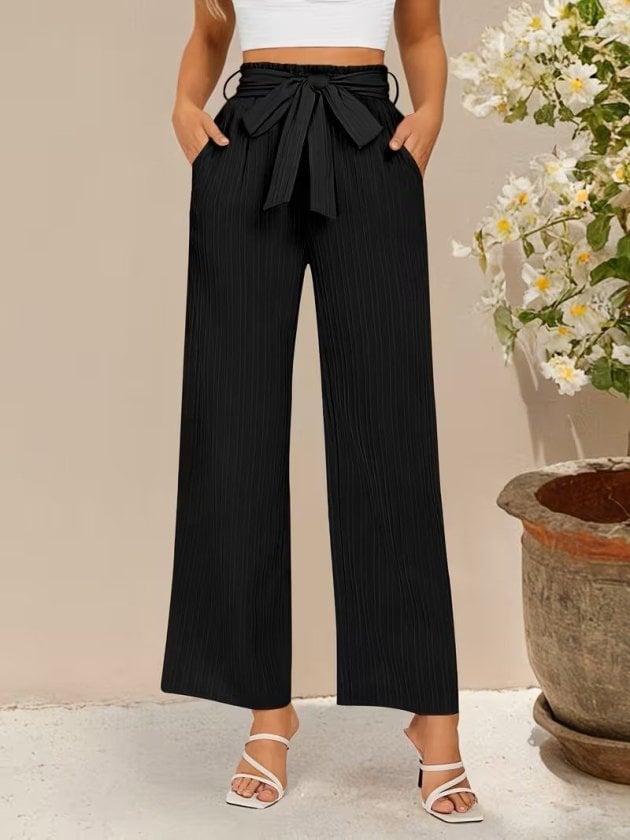Women's High-Waisted Paperbag Waist Wide-Leg Crinkle Trousers with Tie Belt - Janes - by Peralane