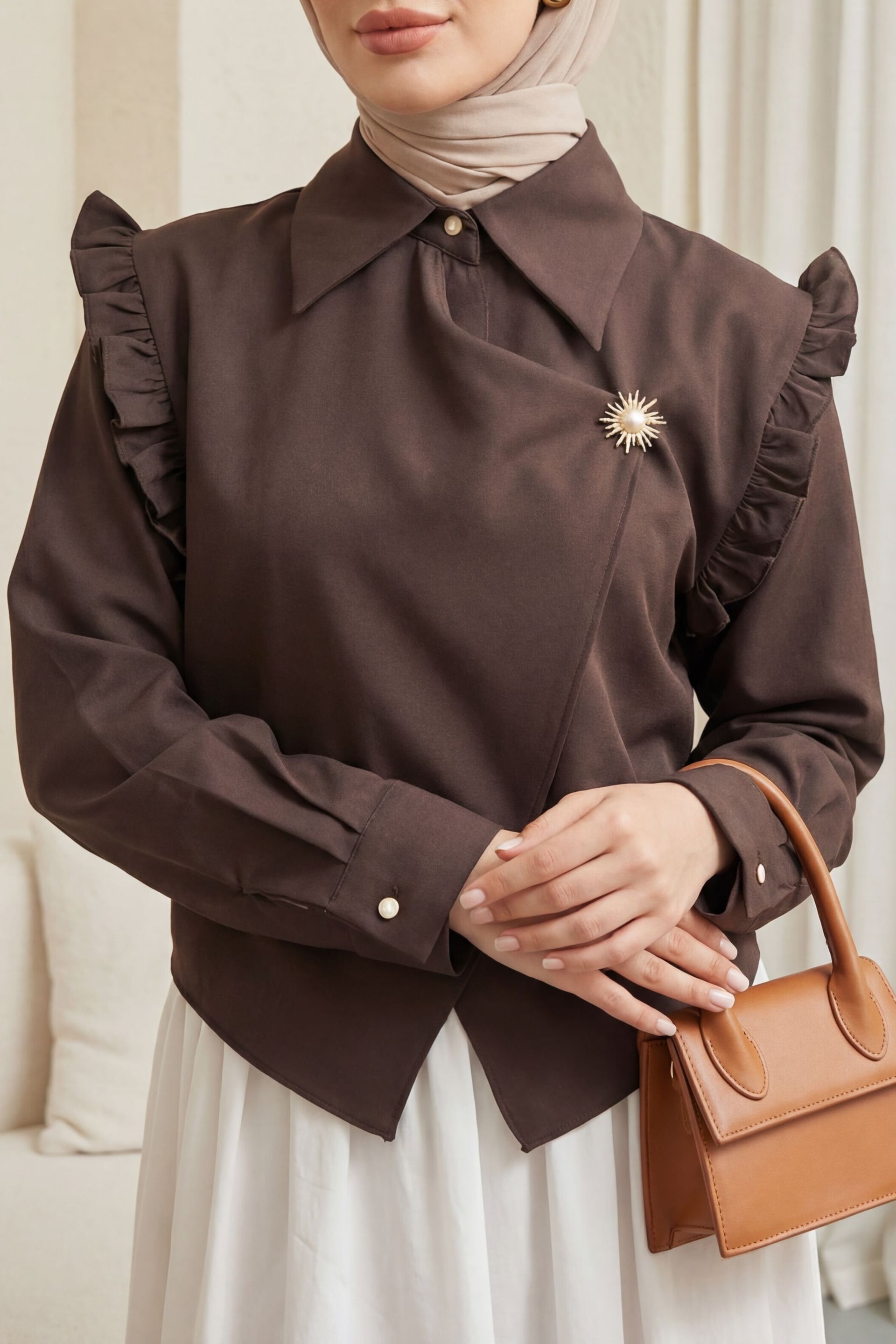 Ruffled Shoulder Wrap Crepe Blouse with Brooch - Brown - Podyumplus - by Peralane - photo 2