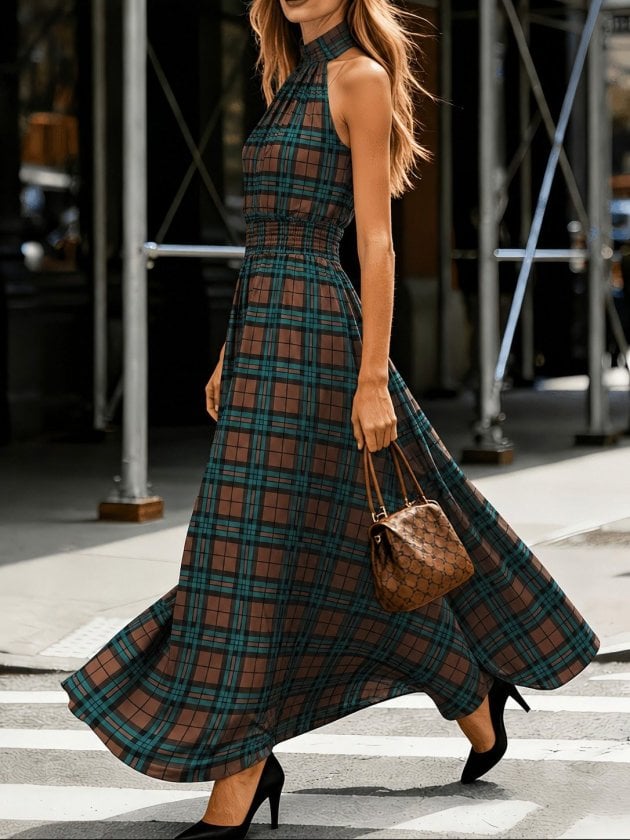 Women's Plaid Halter Maxi Dress with Smocked Waist - Janes - by Peralane - photo 2