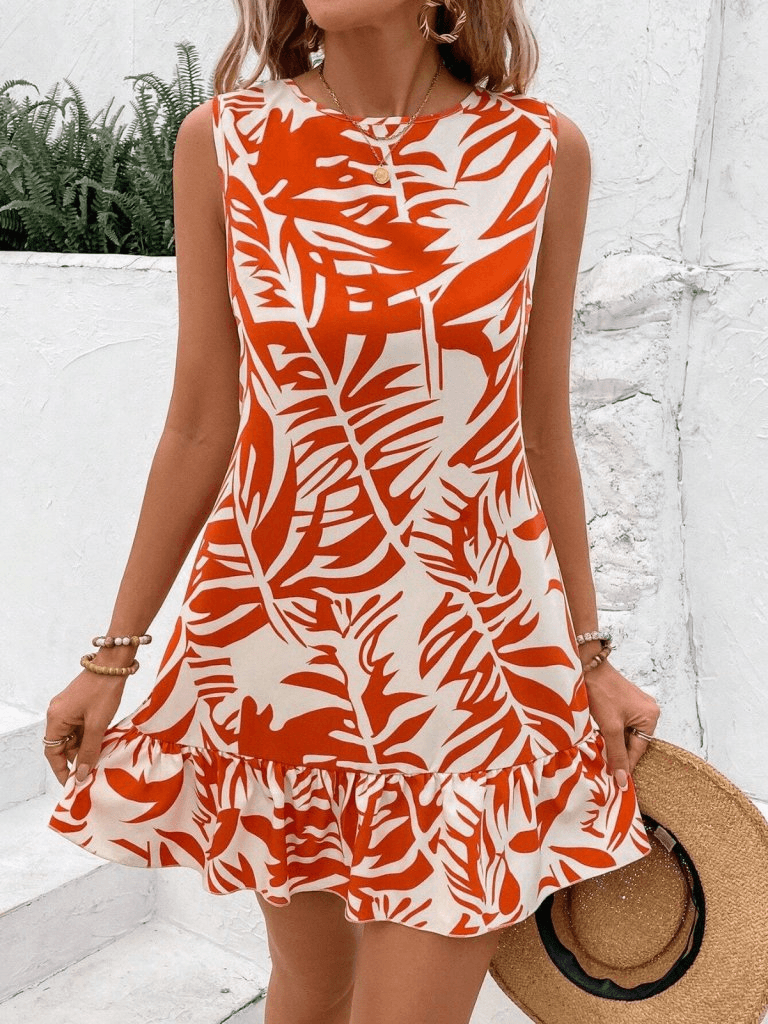 Women's Sleeveless Round Neck Ruffled Leaf Print Dress - Janes - by Peralane - photo 2
