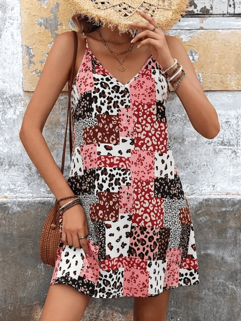 Women's Sleeveless V-Neck Suprem Dress with Animal Print Patchwork - Janes - by Peralane - photo 3