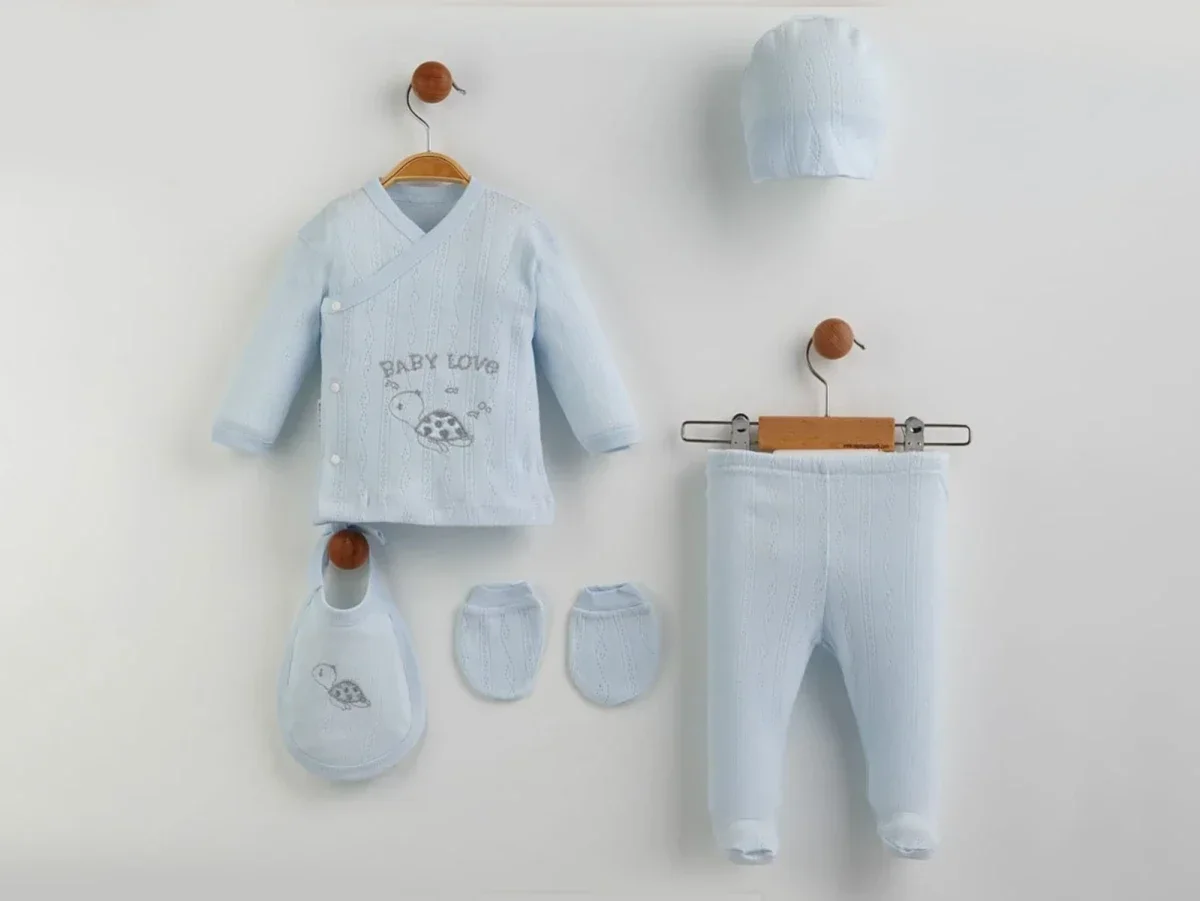 Baby Boys 5-Piece Newborn Layette Set with Turtle Embroidery - Blue - Zipir - by Peralane