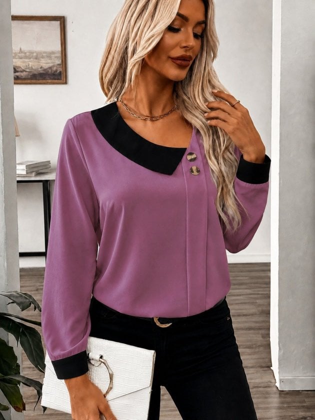 Women's Long-Sleeved Asymmetric Collar Crepe Blouse with Buttons - Janes - by Peralane - photo 2