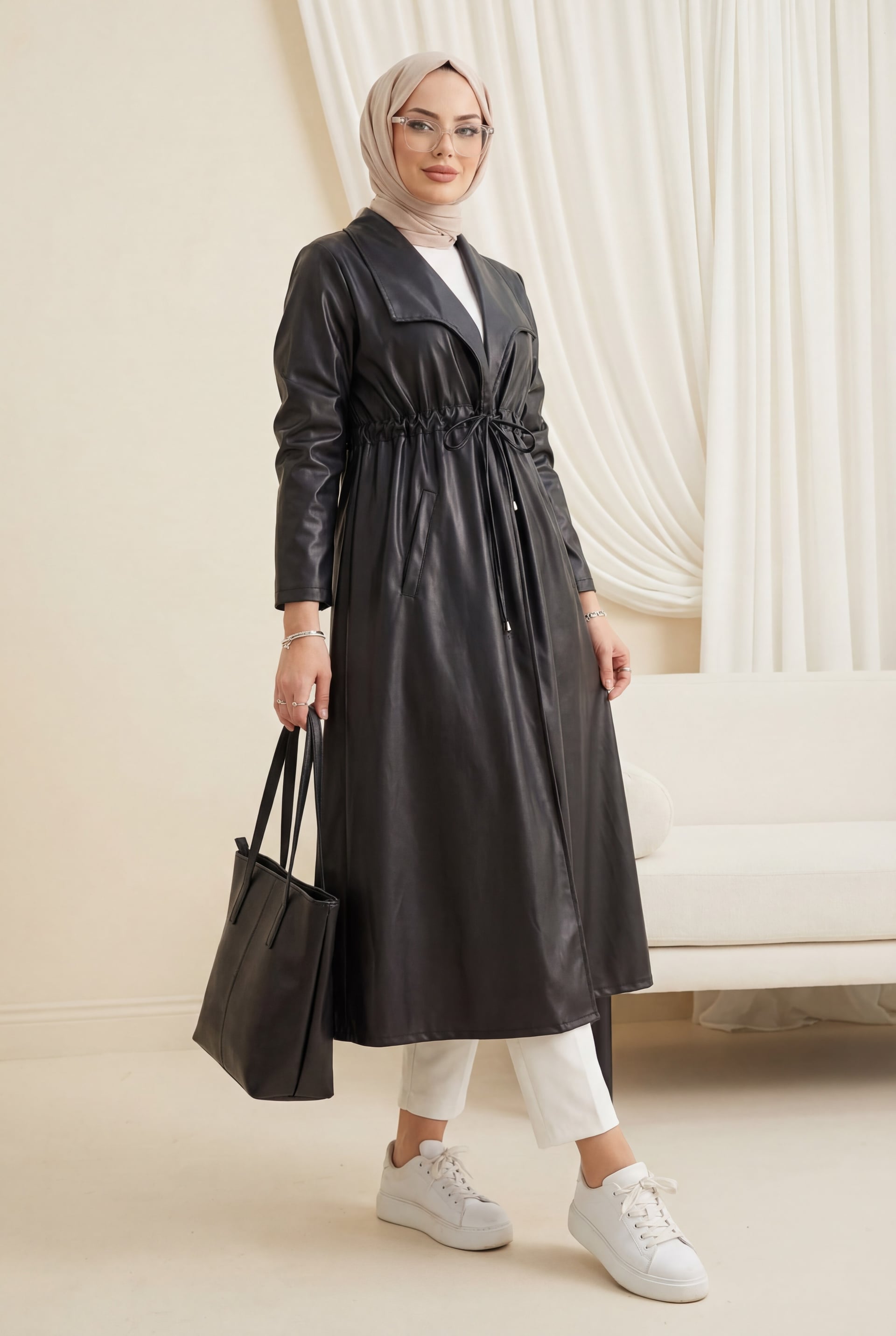 Black Faux Leather Trench Coat with Drawstring Waist and Pockets - Podyumplus - by Peralane