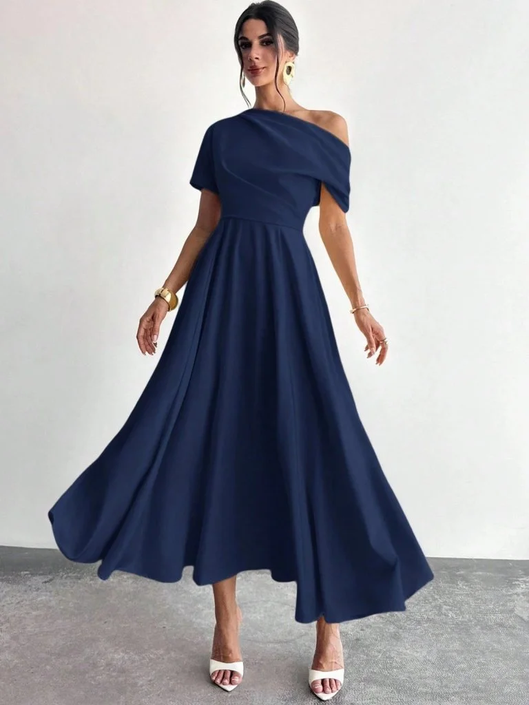 Women's Navy Blue Off-Shoulder Short Sleeve Pleated Crepe Midi Dress - Janes - by Peralane