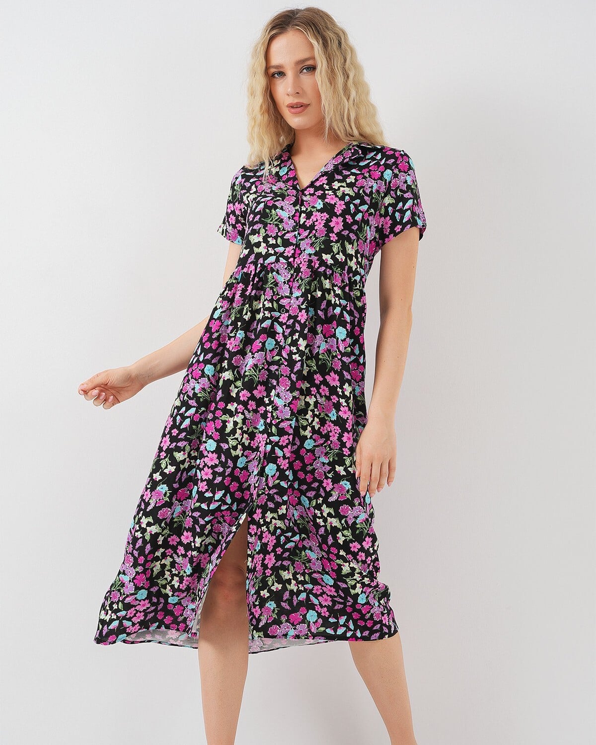 Women's Floral Print Short Sleeve Button-Front Midi Dress - Black - Bigdart - by Peralane