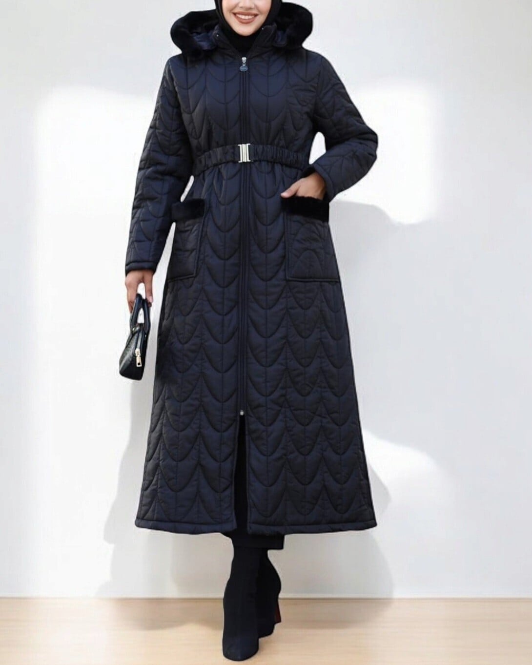 Quilted Long Coat with Hood and Faux Fur Trim - Black - Podyumplus - by Peralane - photo 2