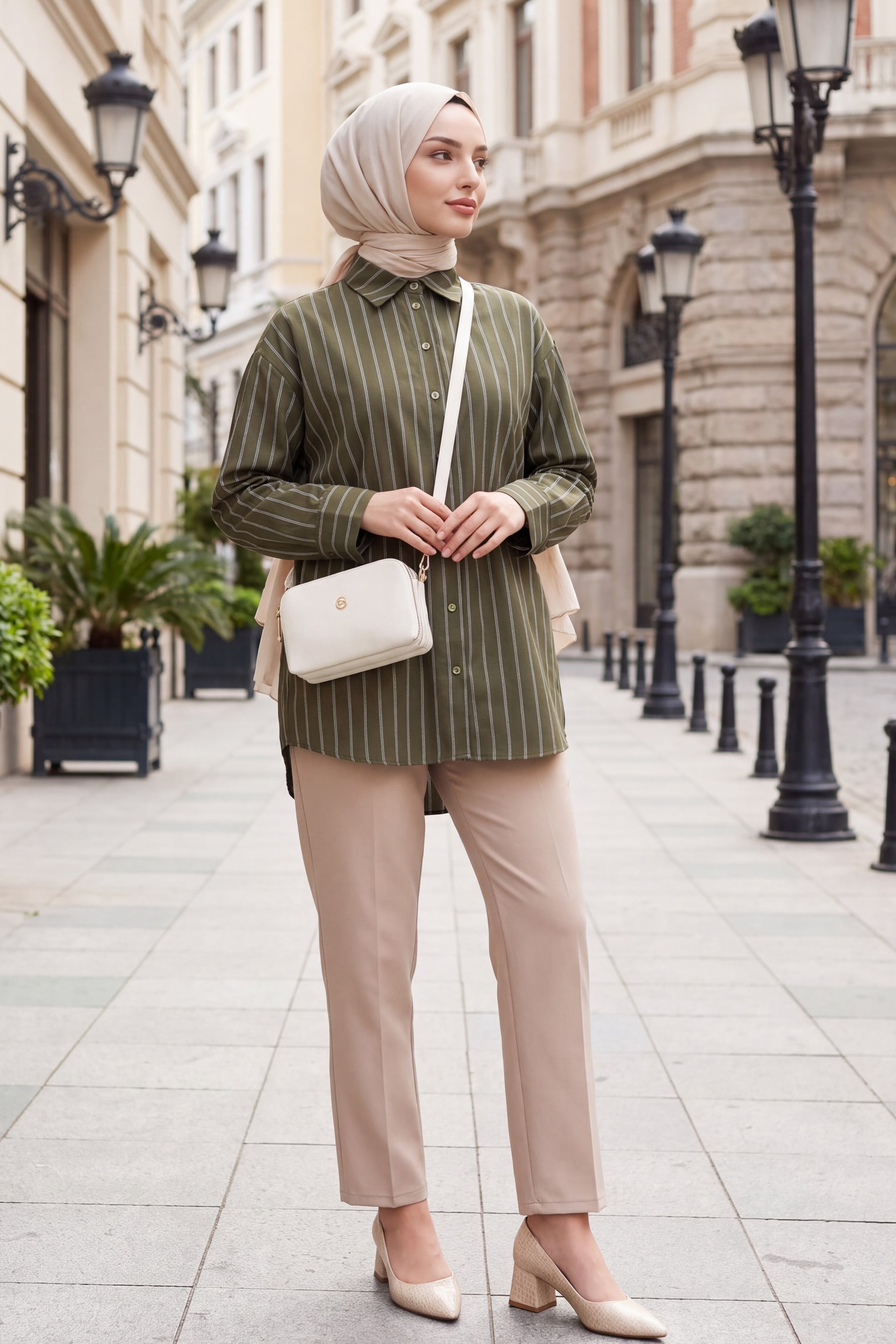 Striped Button Oval Cut Linen Look Shirt - Khaki - Podyumplus - by Peralane - photo 3