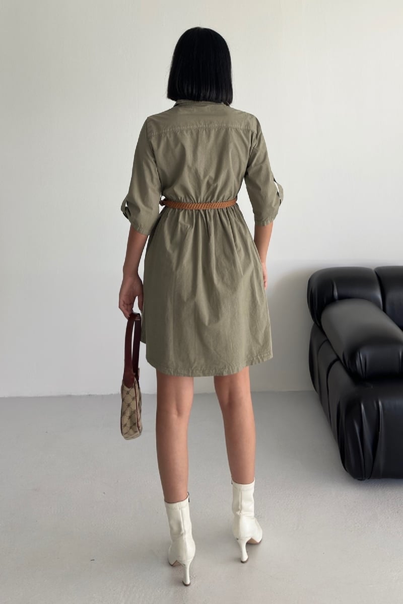 Pleated Short Denim Dress with Cuff Sleeves - Olive Green - Xlove - by Peralane - photo 2