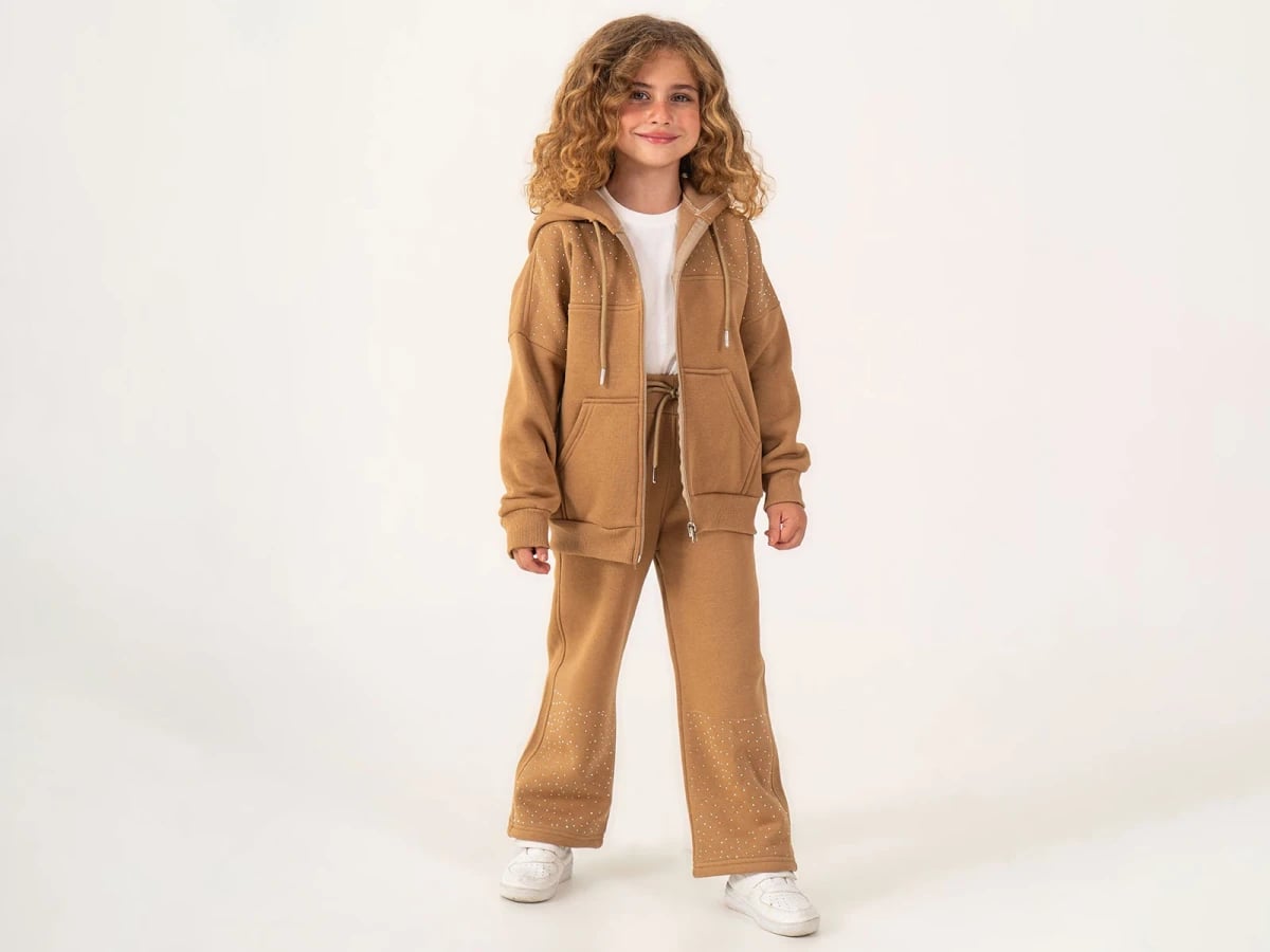 Girls' Camel Brown Rhinestone Hooded Tracksuit Set (Ages 10-13) - Lumii - by Peralane