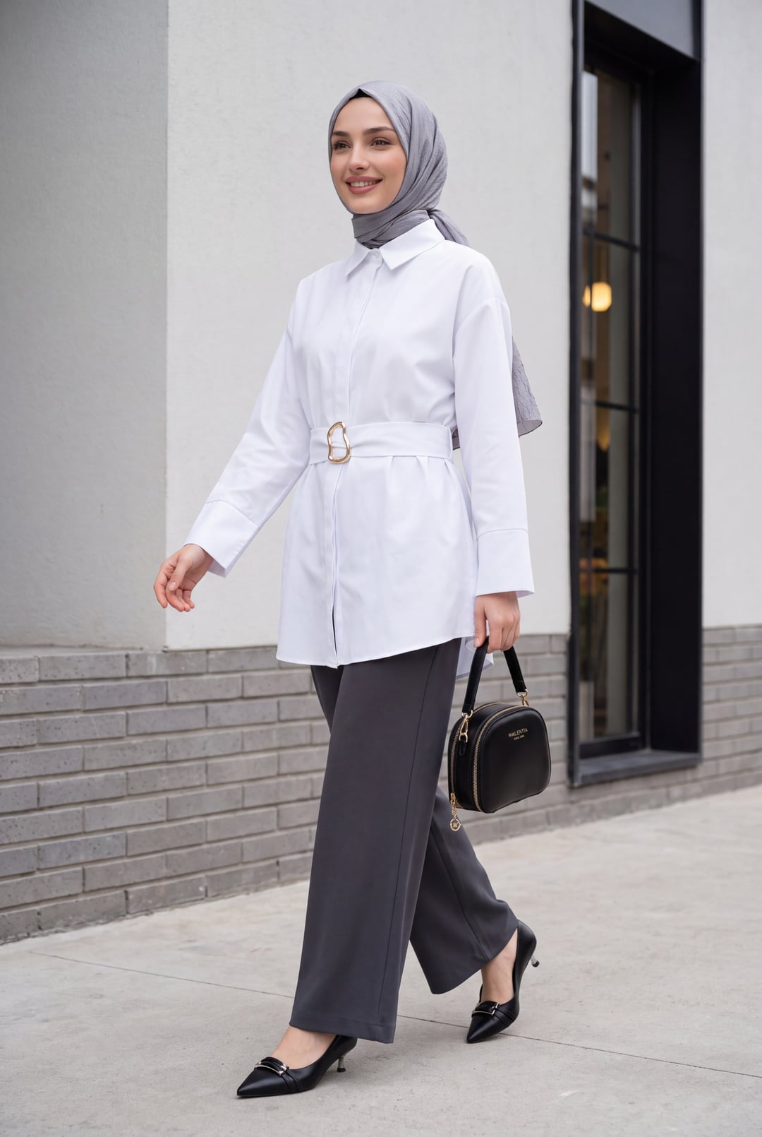 White Poplin Tunic with Buckled Belt and Double Cuff Sleeves - Podyumplus - by Peralane - photo 2