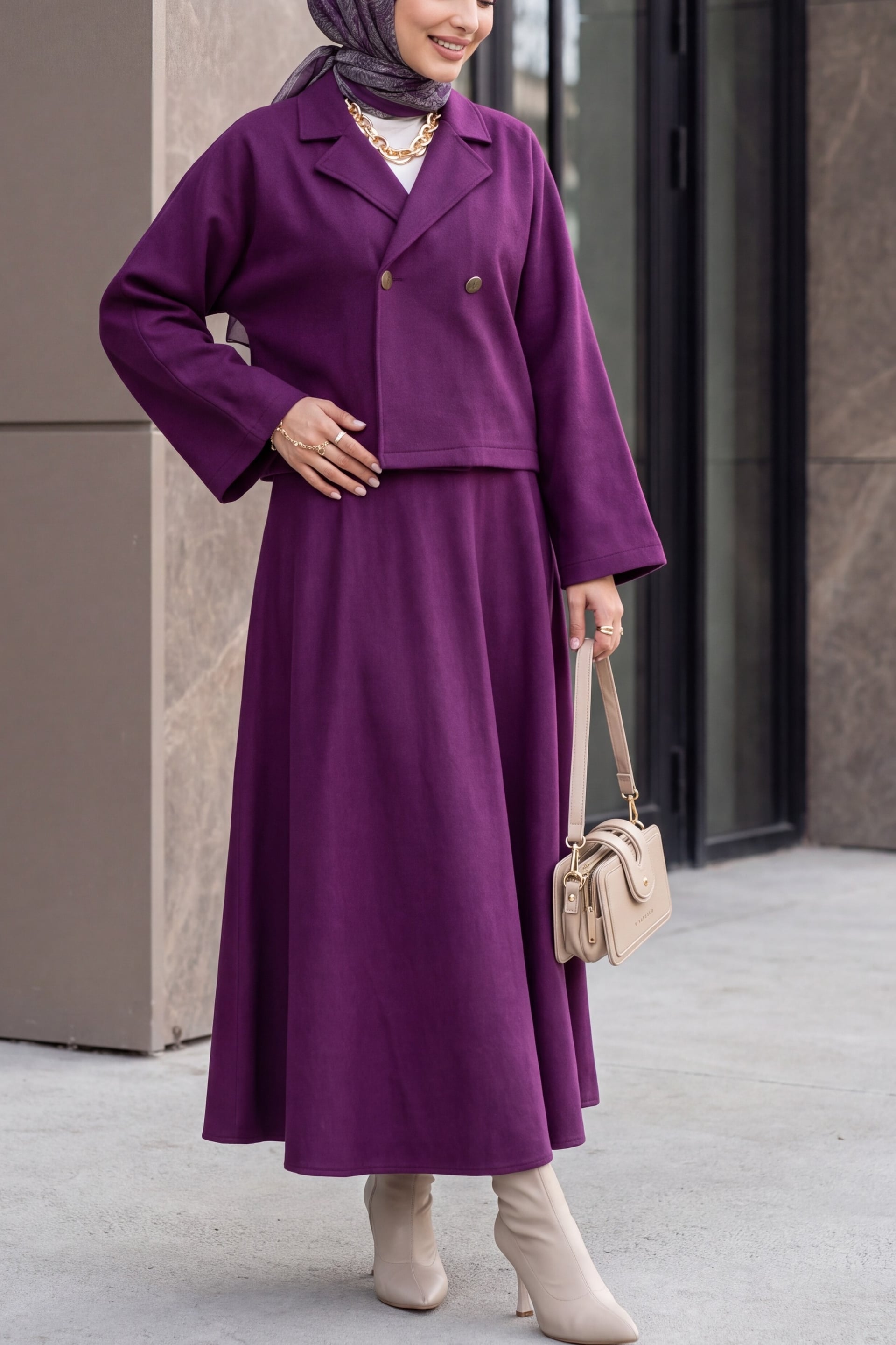 Single Button Felt Co-ord Set with Skirt - Plum - Podyumplus - by Peralane